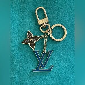 Bag Charm Keychain Gold & Blue Charm with Brown Flower Charm  Detail